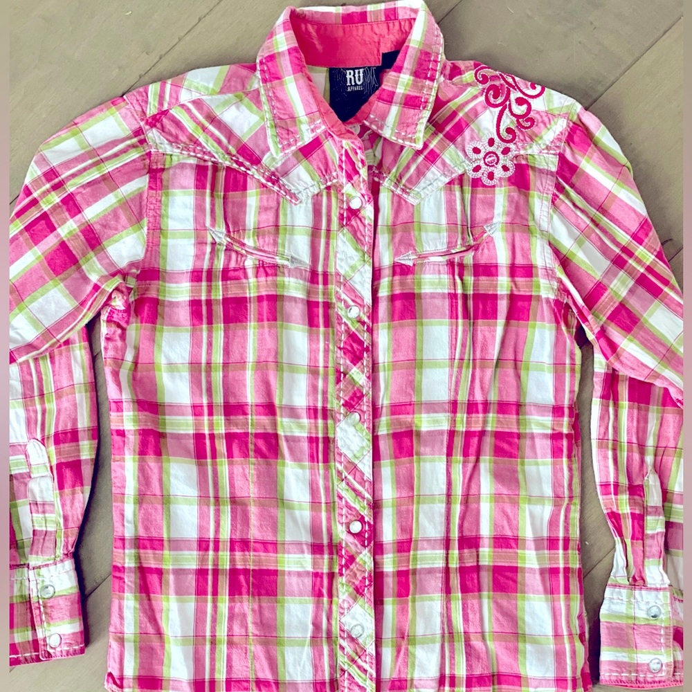 RU Cowgirl shirt EUC Pink/green Rodeo Girls 14